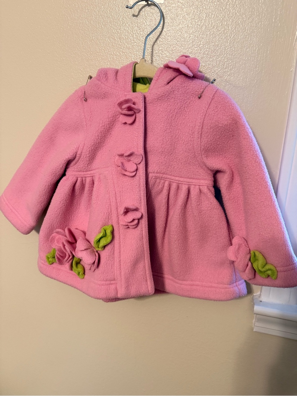 Kate Mack Girls 12M Pink Fleece Coat Hooded Floral Flower Appliqué Boutique